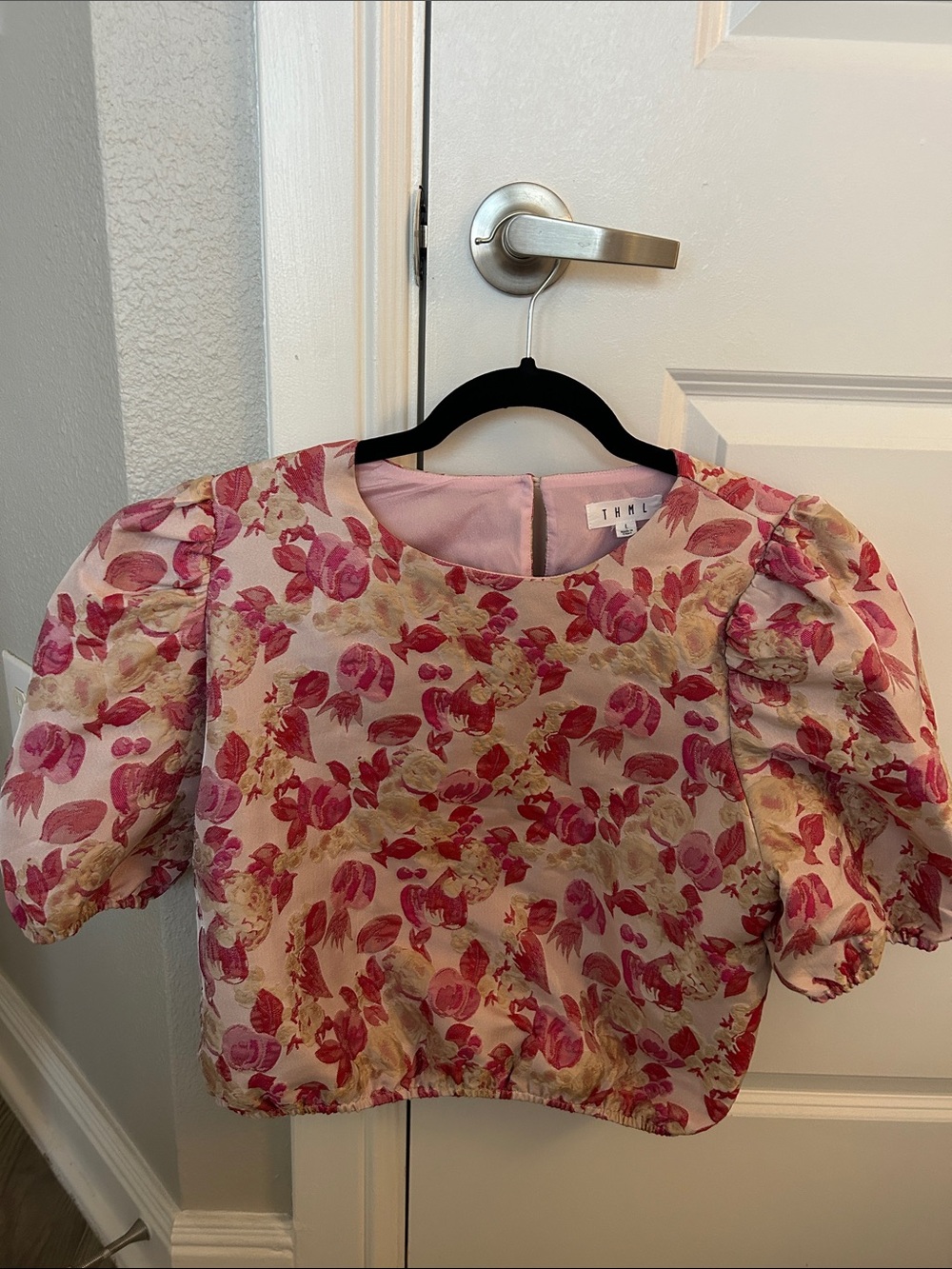 THML Pink and Cream Floral Embroidered Crop Top